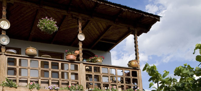 Porch of house in lush climate with plants and vegetation all around.